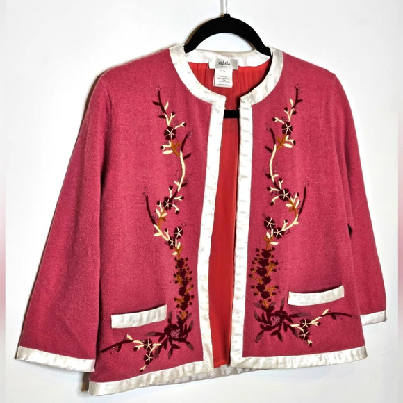 Whistles London Vintage Lambswool Embroidered Cardigan Womens Large Mauve‎ - Picture 2 of 6
